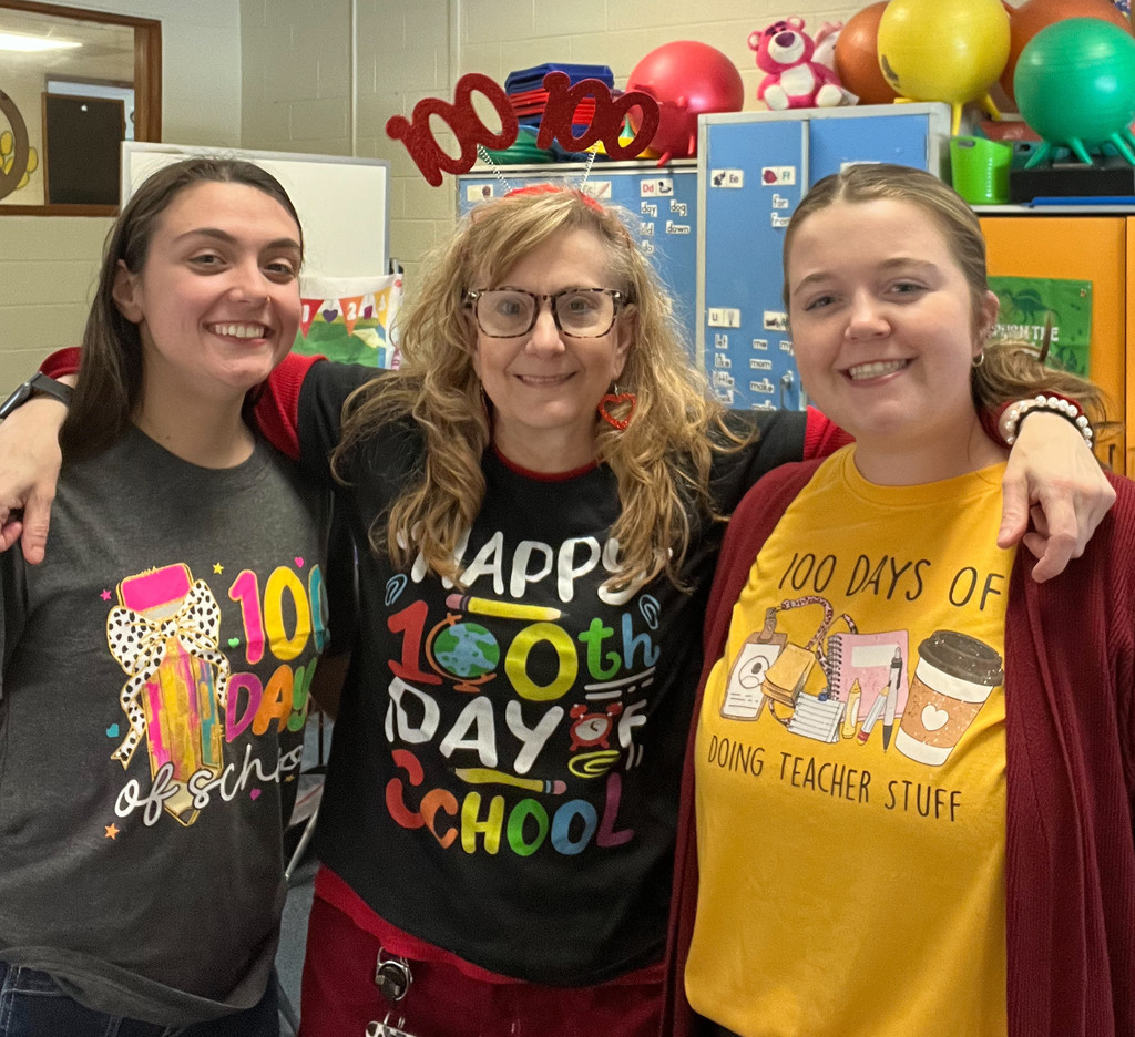 Ms. Lapierre, Ms. Deitz, and Ms. Grenier wearing 100th Day of School shirts.
