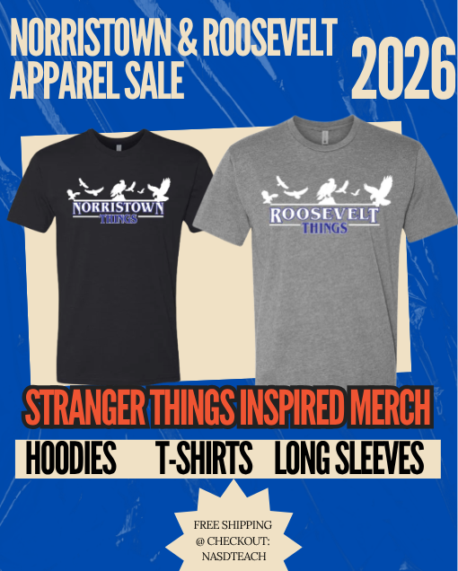 Flyer with two different tshirts on it promoting the "Stranger Things"  apparel sale for NAHS and Roosevelt. 