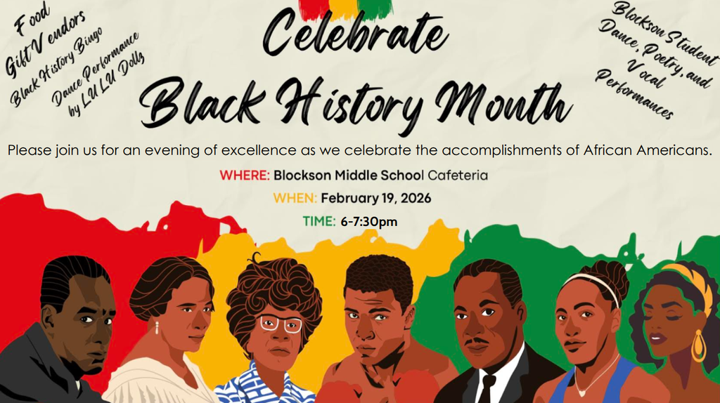 Flyer inviting families to a Black History Month celebration at Blockson Middle School. Details in caption.