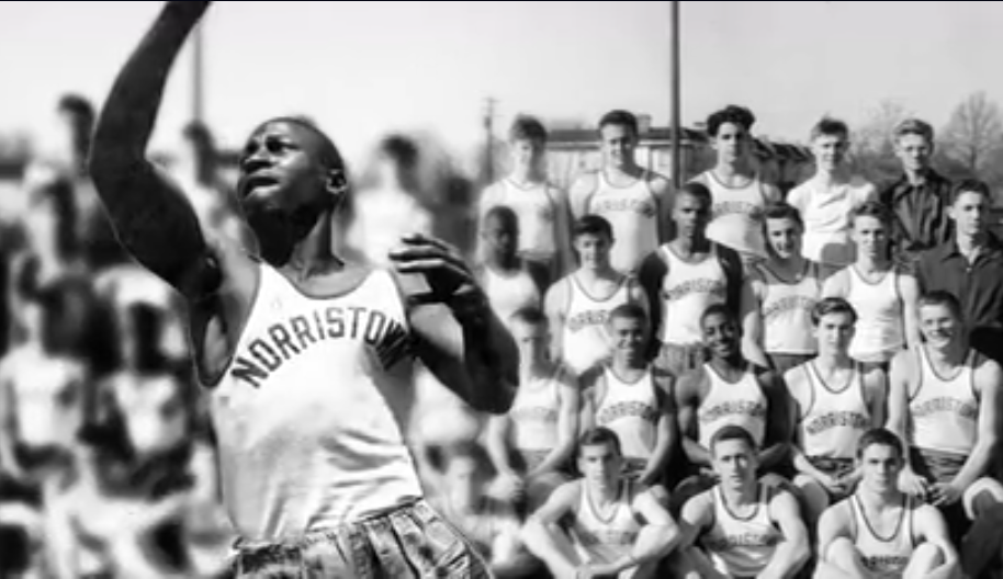 Childhood photo of Charles Blockson playing a sports game in Norristown.