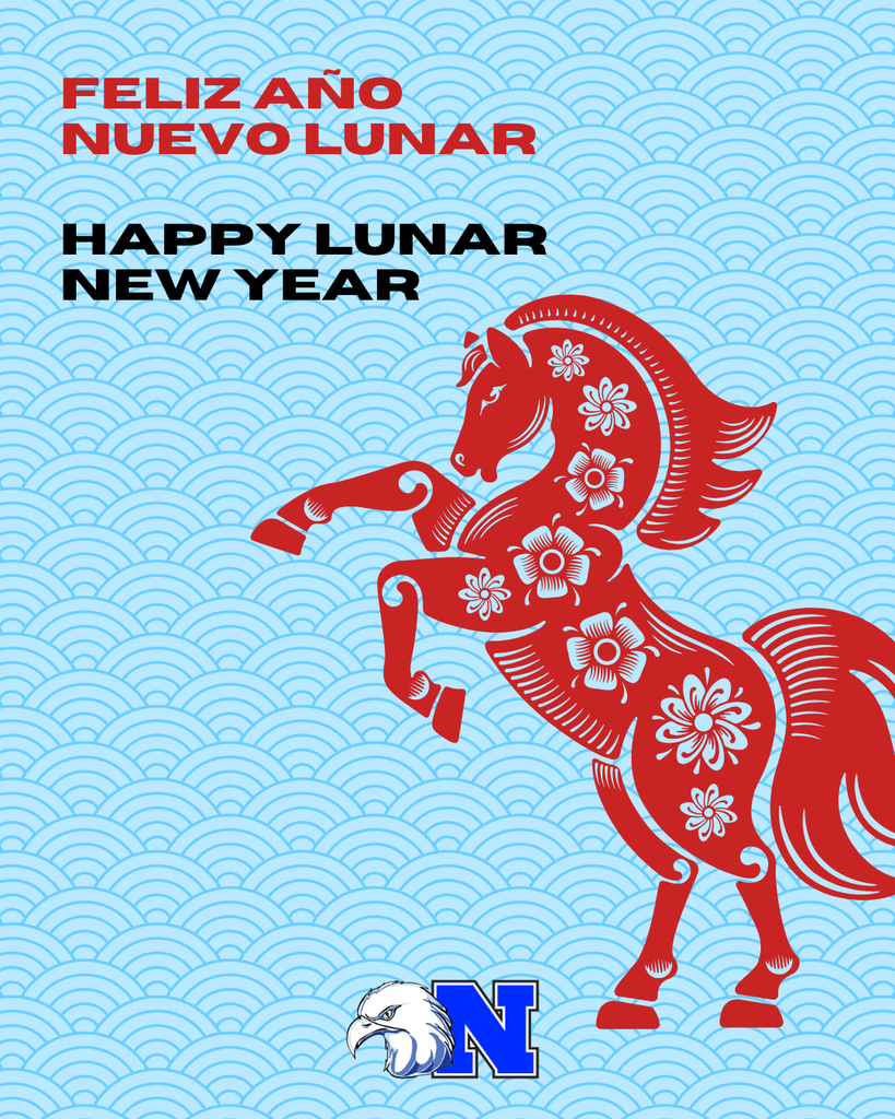 A red horse with floral designs on a blue wave-patterned background with text Happy Lunar New Year.