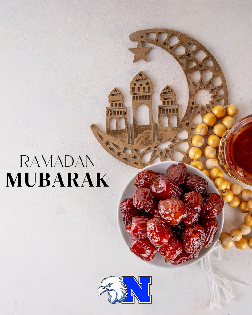 A decorative arrangement with a wooden crescent and star, a bowl of dates, and prayer beads, with the text "RAMADAN MUBARAK."