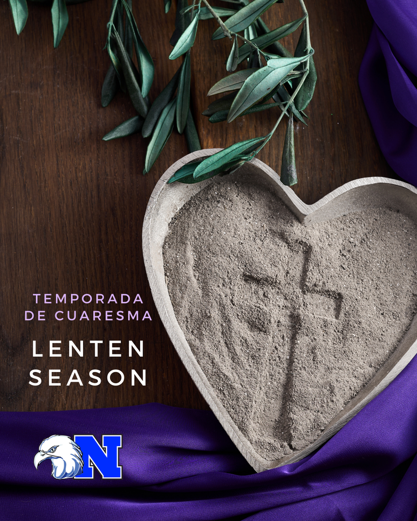 Heart-shaped bowl of ash with a cross, olive branches, purple fabric, and text "Lenten Season".