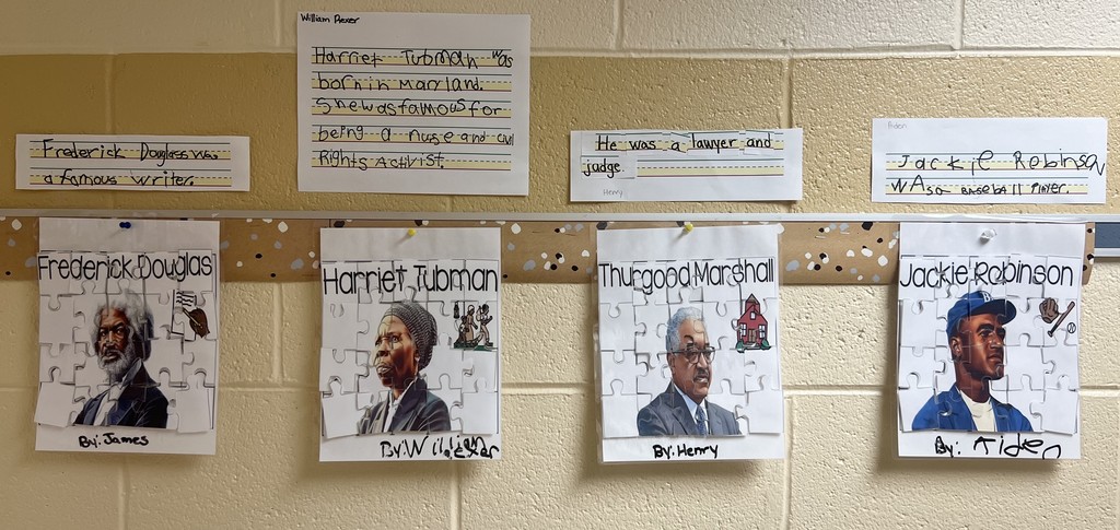 Black History Projects about Frederick Douglas, Harriet Tubman, Thurgood Marshall, and Jackie Robinson.