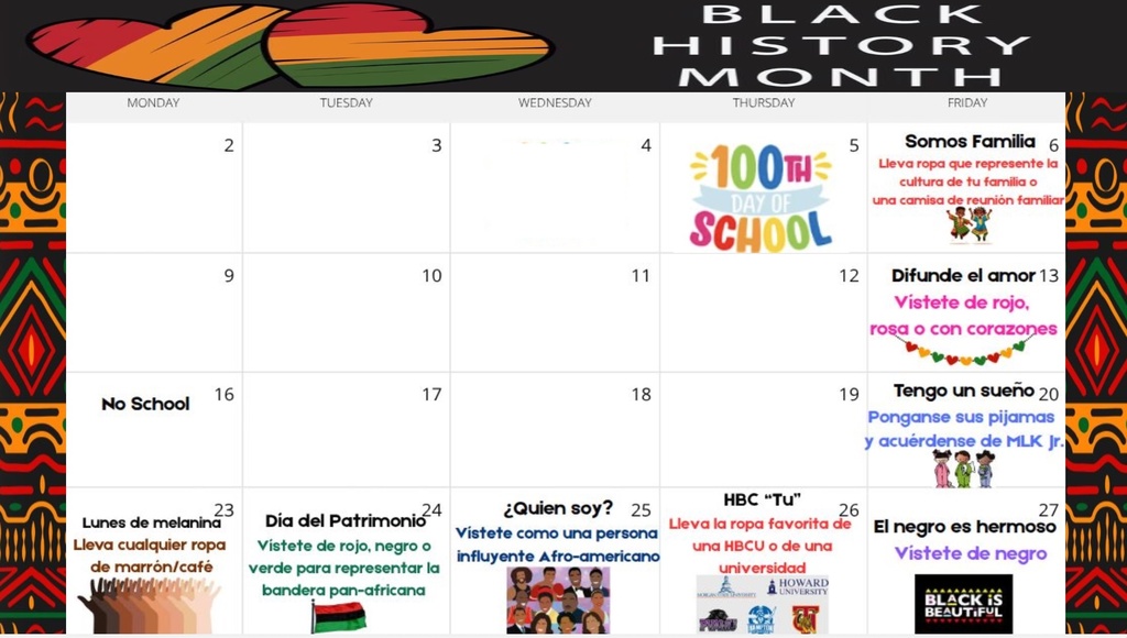 Black History Month Spirit Day Calendar