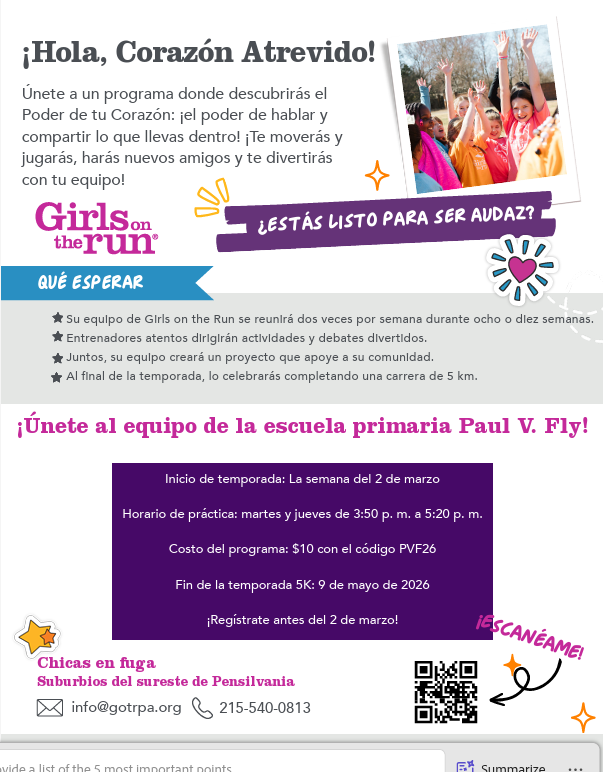 Girls on the Run flier (Spanish)