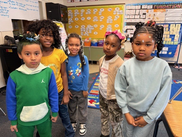 First grade students celebrating crazy hair day. 