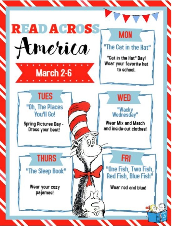 Read Across America Spirit Week Information in English.