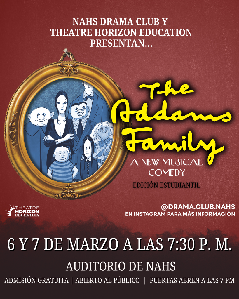 "The Addams Family" flyer in Spanish. Details in caption.