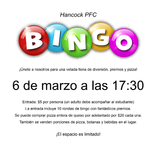 Bingo flyer with details in Spanish