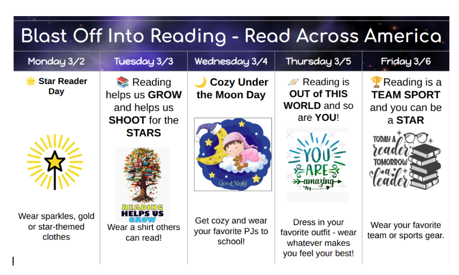 A flyer sharing dress down days for Read Across American Week in English