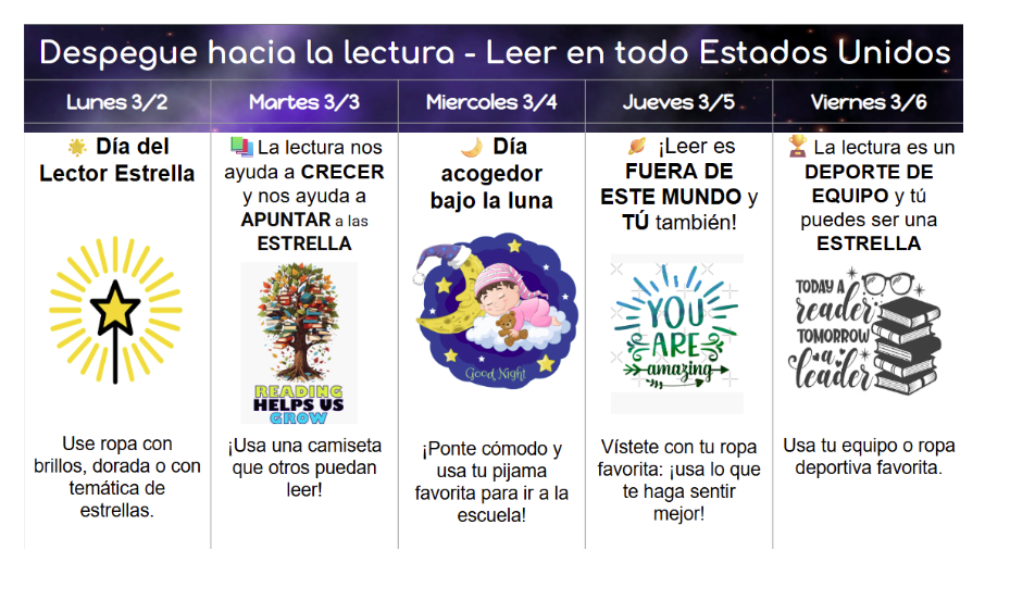 A flyer sharing dress down days for Read Across American Week in Spanish