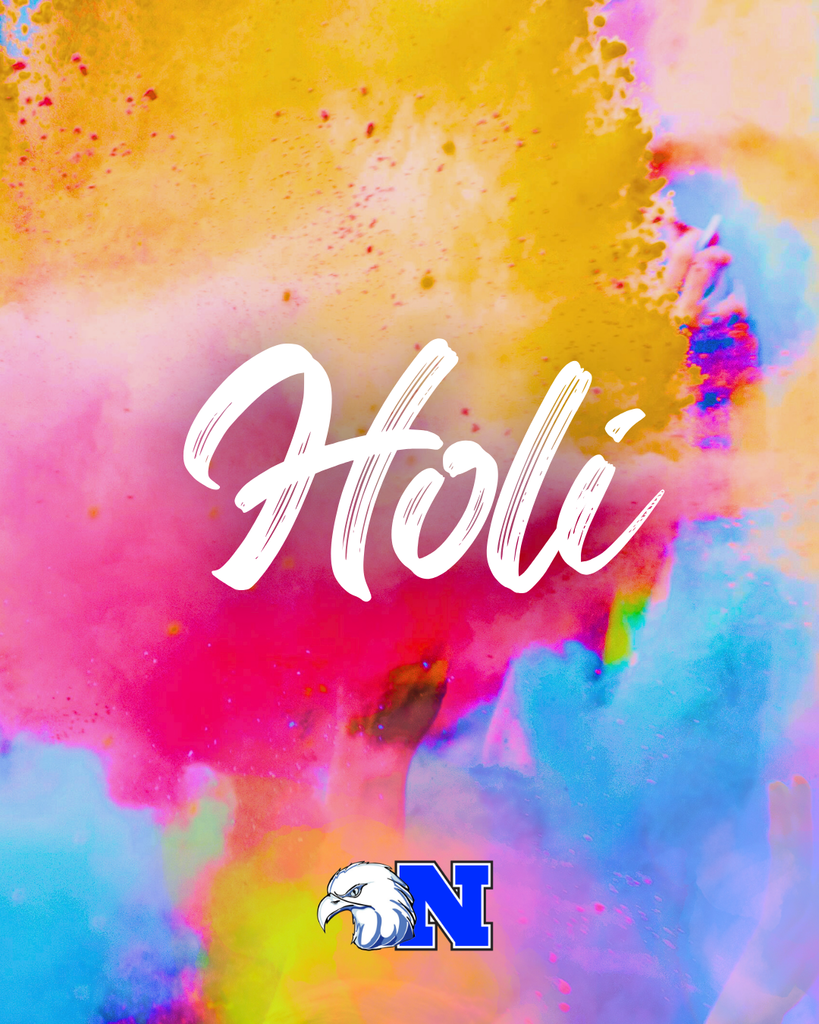 Colorful powder background with the word "Holi" in white cursive and NASD logo at the bottom.