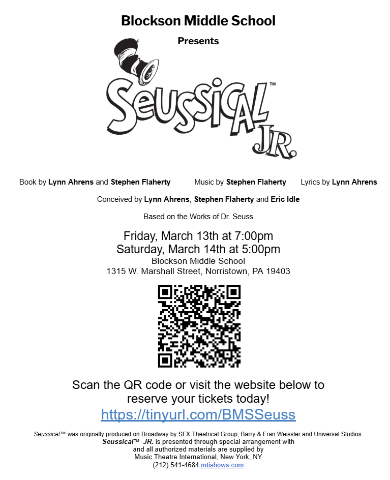 Informational flyer for Seussical Jr., presented by Blockson Middle School.