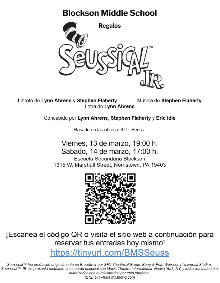 Informational flyer in Spanish for Seussical Jr., presented by Blockson Middle School.