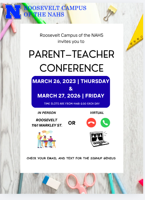 Flyer in English for the spring parent teacher conferences. Details are in the caption