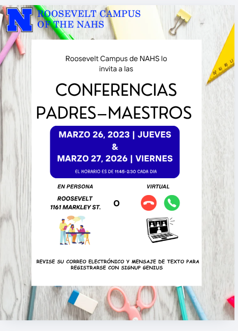 Flyer in Spanish for the spring parent teacher conferences. Details are in the caption