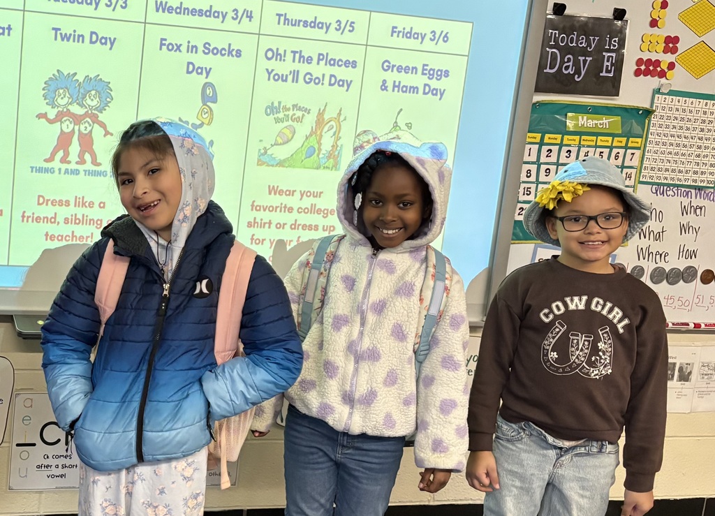 Students wear hats for Cat in the Hat Day.