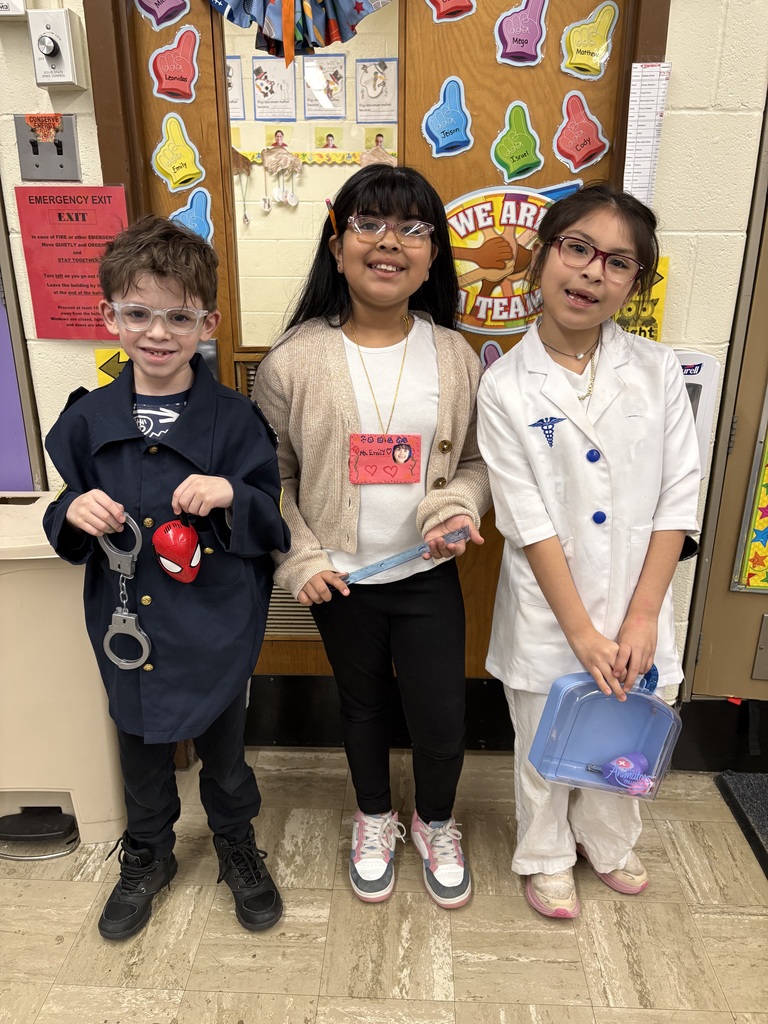 Students dressed up as a police officer, a teacher, and a doctor.