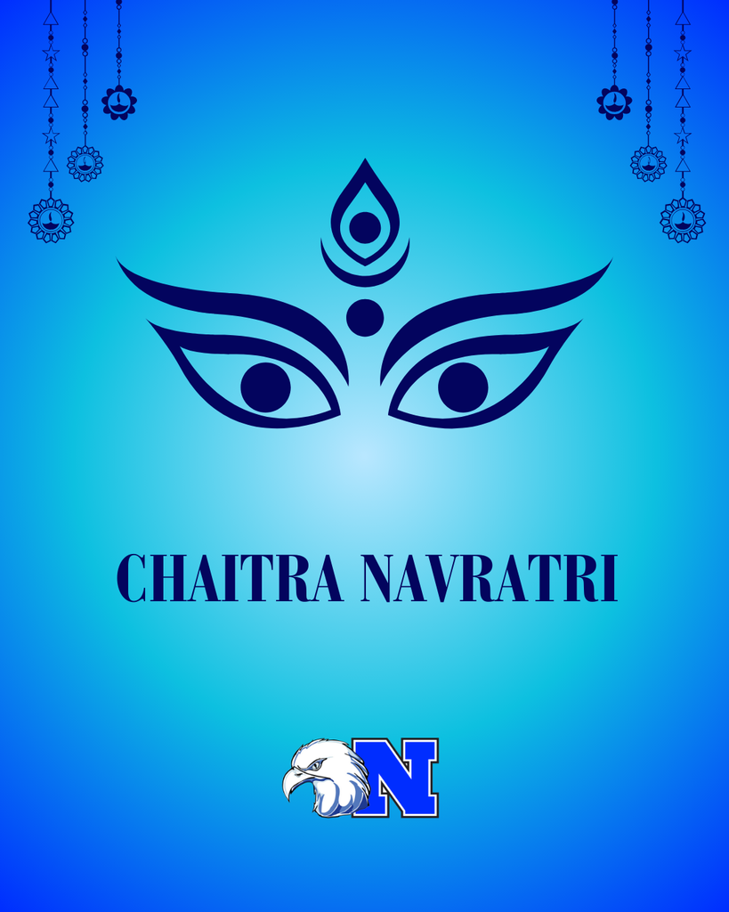 A blue gradient background with stylized eyes of goddess Durga, the text "CHAITRA NAVRATRI," and   the NASD logo. 