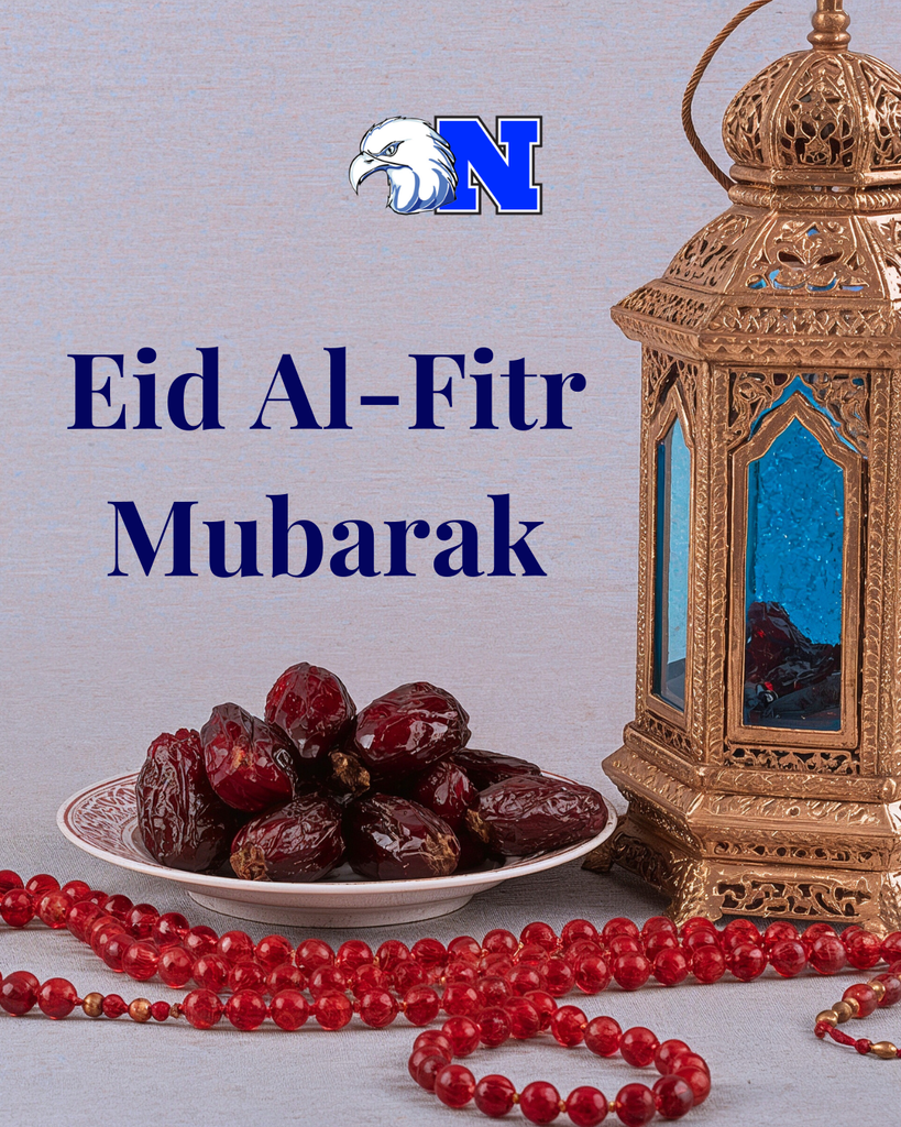 Text "Eid Al-Fitr Mubarak" with a bronze lantern, a plate of dates, and red prayer beads.