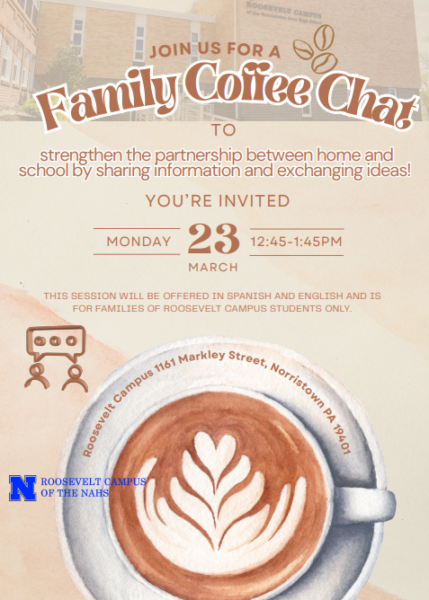 A flyer in English for a coffee and chat opportunity for families. Details are in the caption