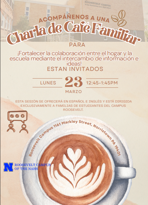 A flyer in Spanish for a coffee and chat opportunity for families. Details are in the caption