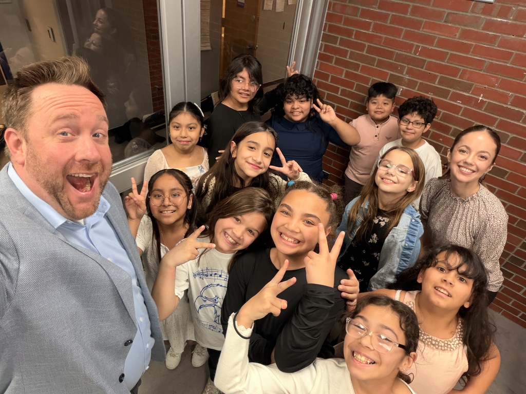 Fourth graders at the administration building with Mr. Heizmann.