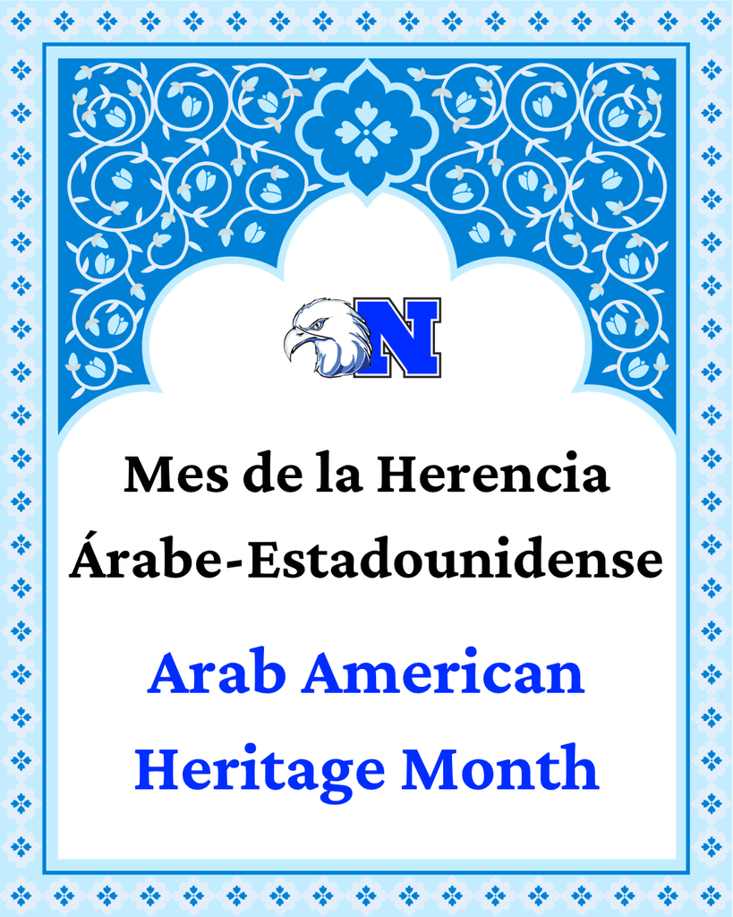 Decorative background with text "Arab American Heritage Month" and the NASD logo.