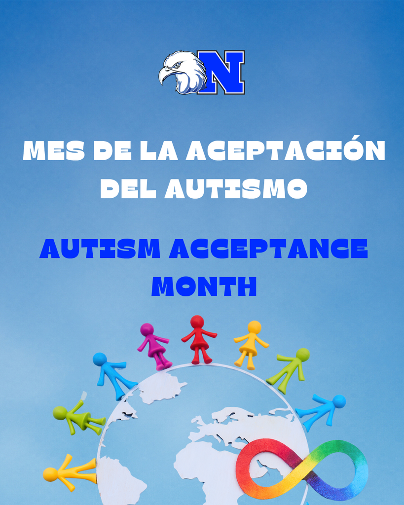 Autism Acceptance Month image with colorful human figures on a globe and a rainbow infinity symbol.