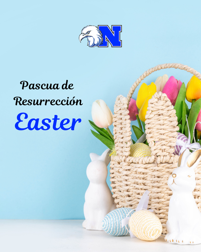 Easter-themed image with a basket of tulips, ceramic rabbits, and string-wrapped eggs.
