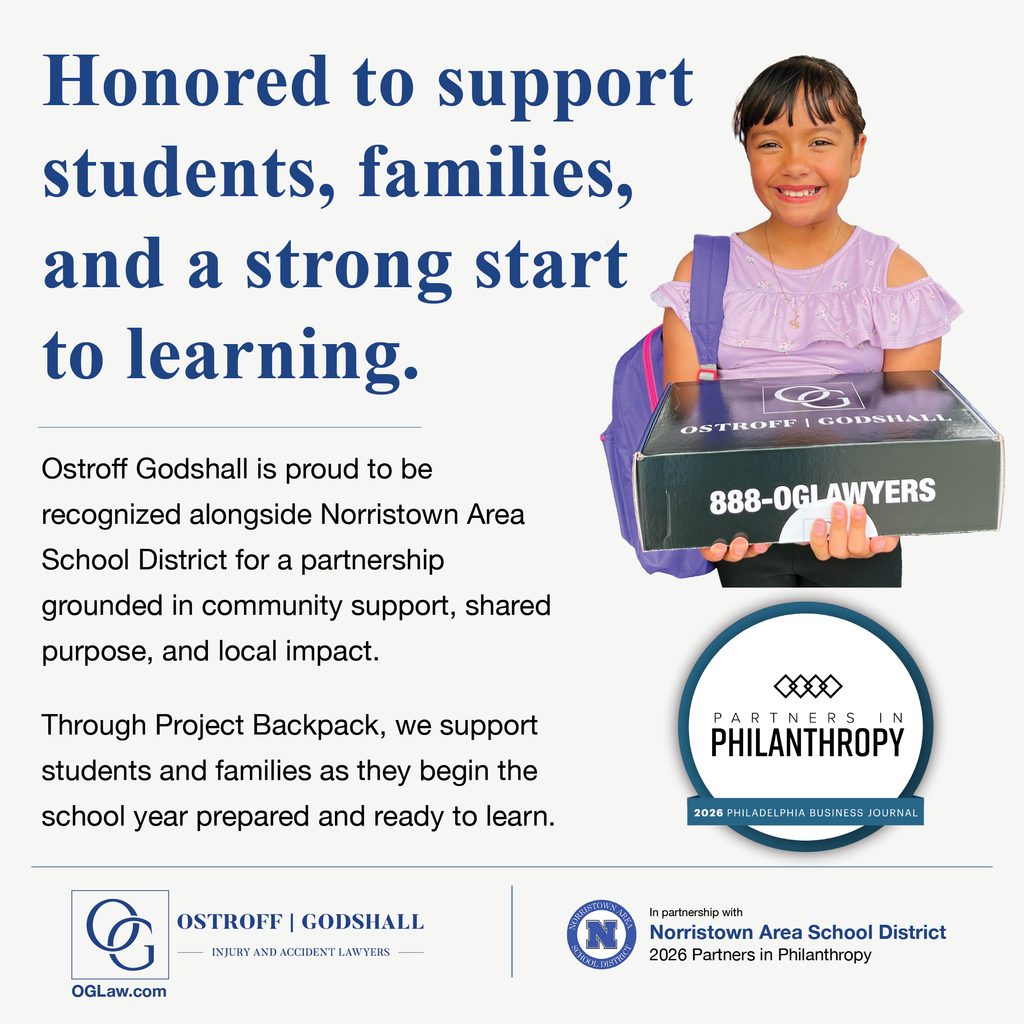 Promotional image in English for Ostroff Godshall supporting education through partnerships, featuring a smiling child with a box and detailed text about the initiative. More details in post caption.