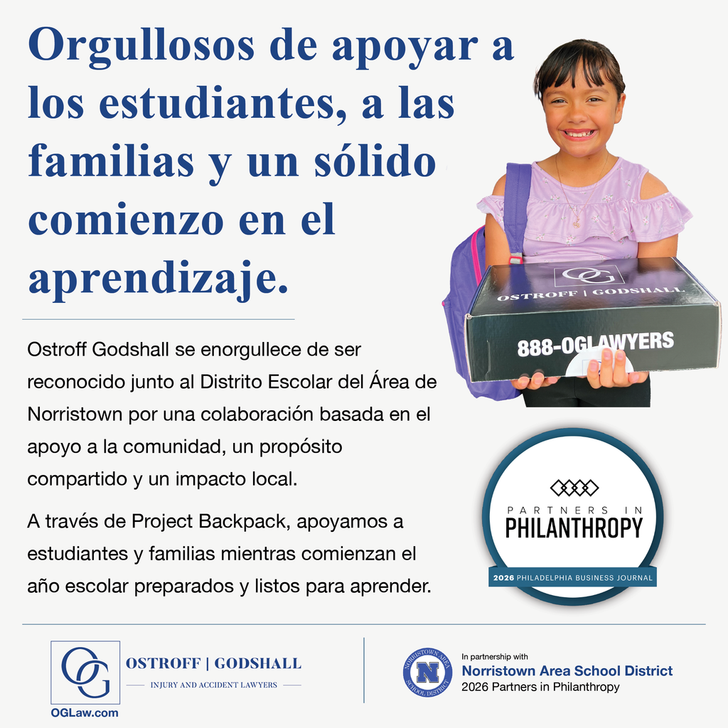 Promotional image in Spanish for Ostroff Godshall supporting education through partnerships, featuring a smiling child with a box and detailed text about the initiative. More details in post caption.