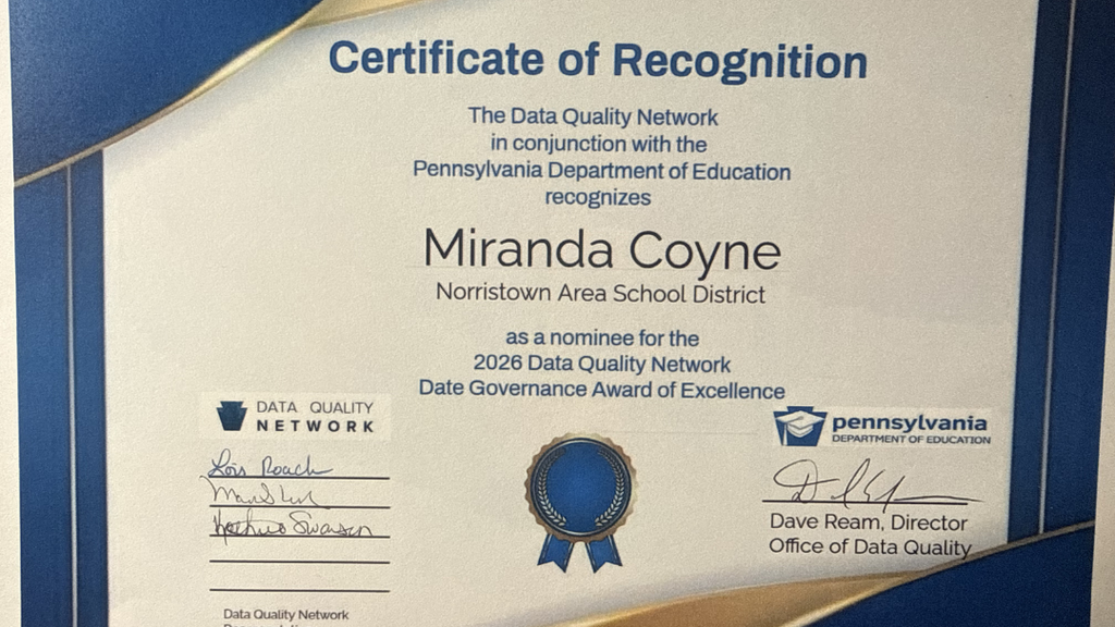 Certificate of Recognition for Miranda Coyne.