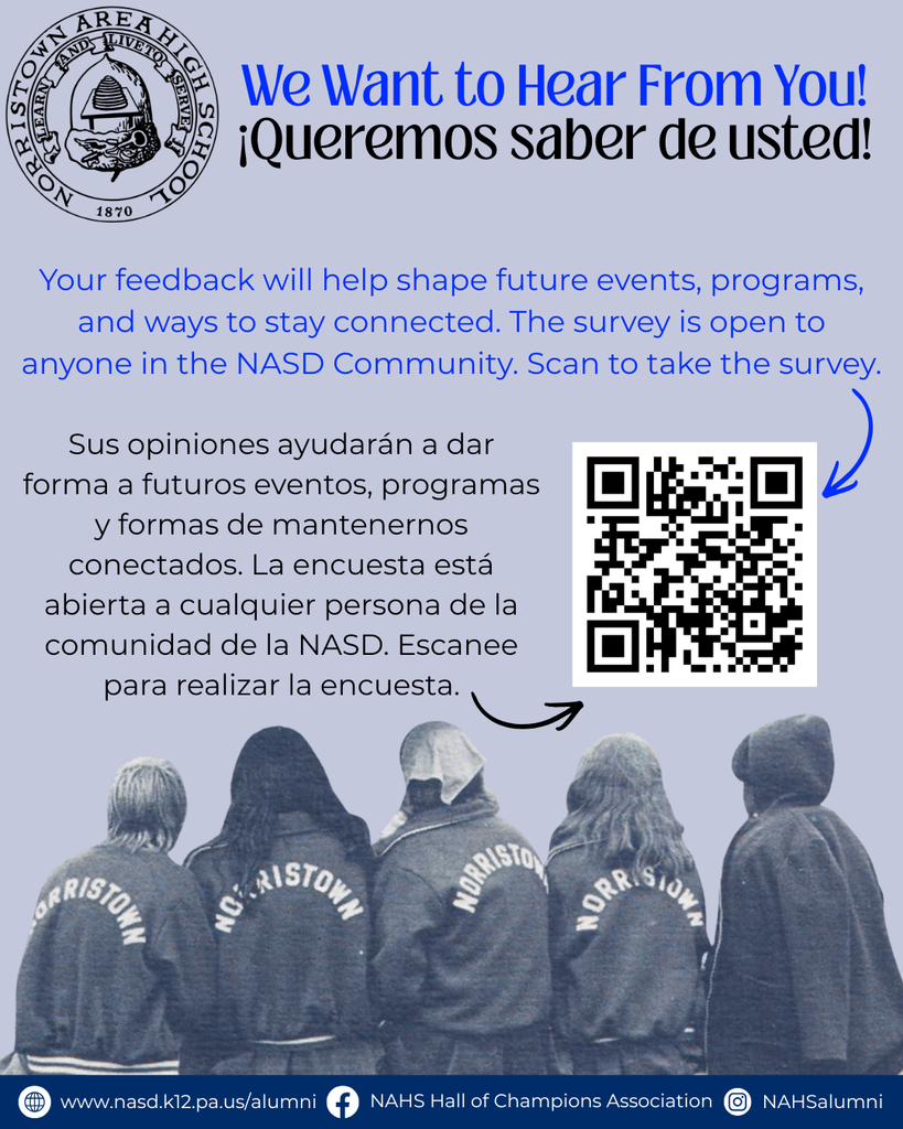 Flyer for NAHS Alumni Association Feedback Survey. Details in caption. 