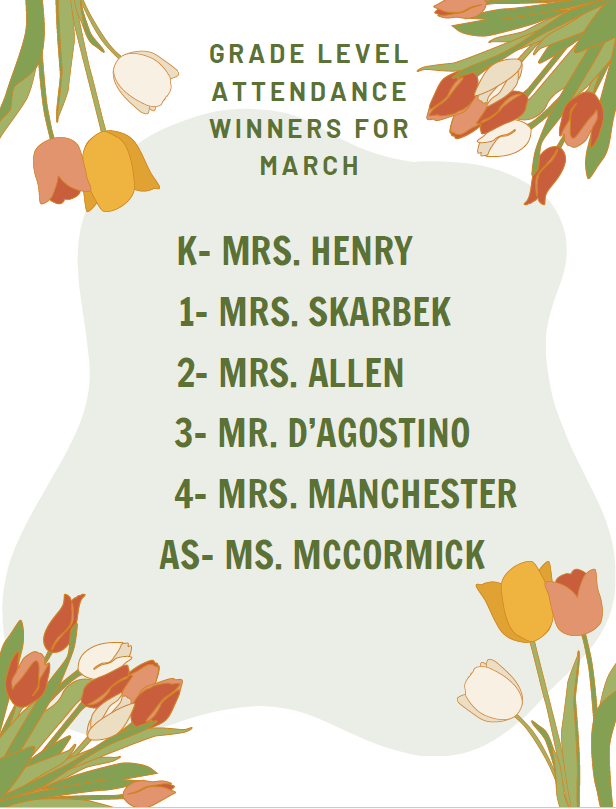 Grade Level Attendance Winners For March - English
