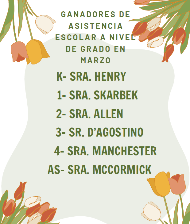 Grade Level Attendance Winners For March - Spanish
