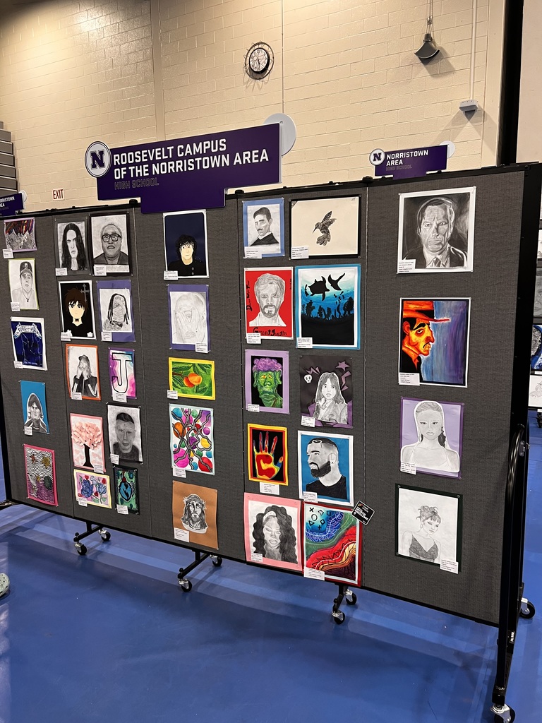 Art is hanging on a board in the NAHS gym from Roosevelt students