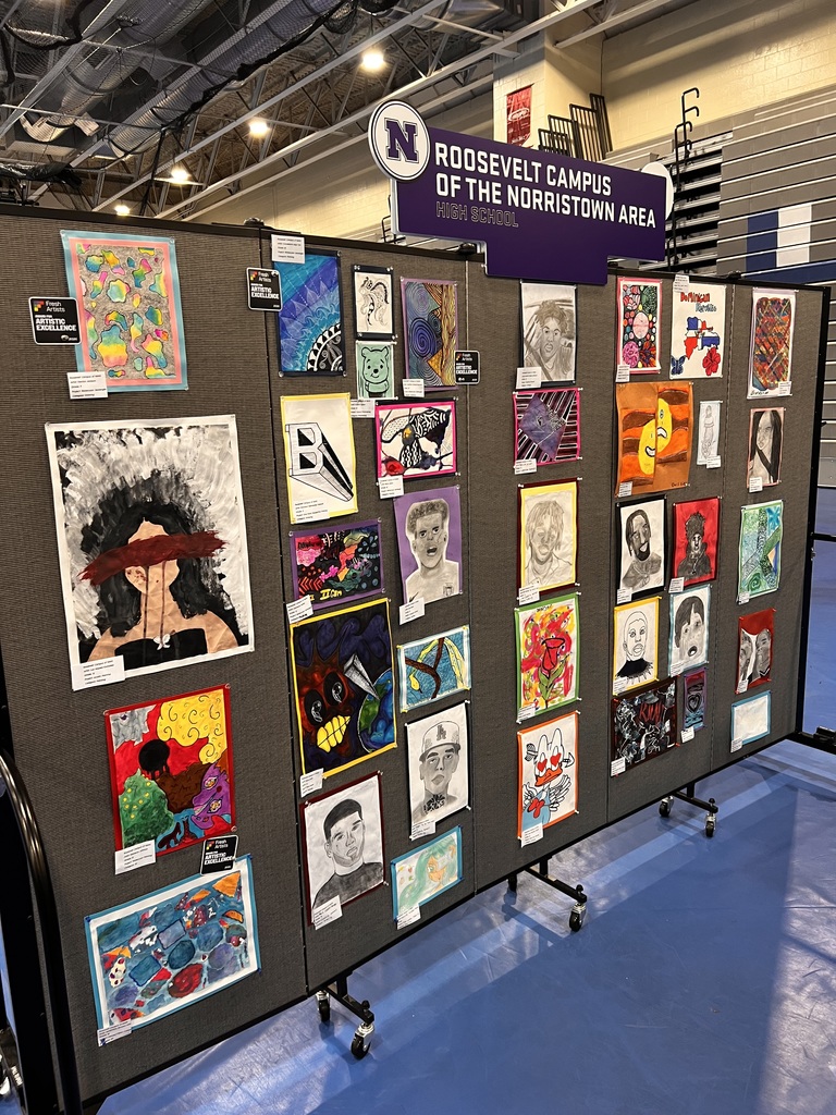 Art is hanging on a board in the NAHS gym from Roosevelt students