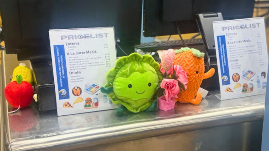Stuffed toys of lettuce and carrot sitting in front of register next to food price list. 