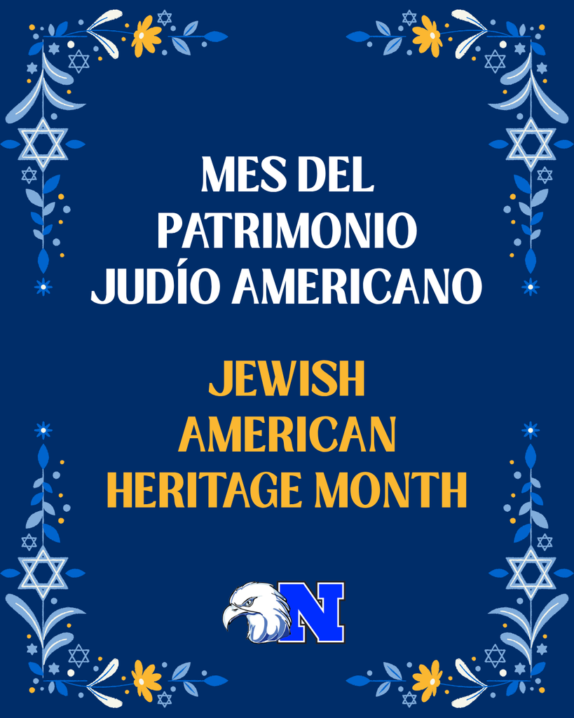 Graphic with text "Mes del Patrimonio Judío Americano" and "Jewish American Heritage Month" on a blue background, bordered by floral motifs and Star of David symbols.