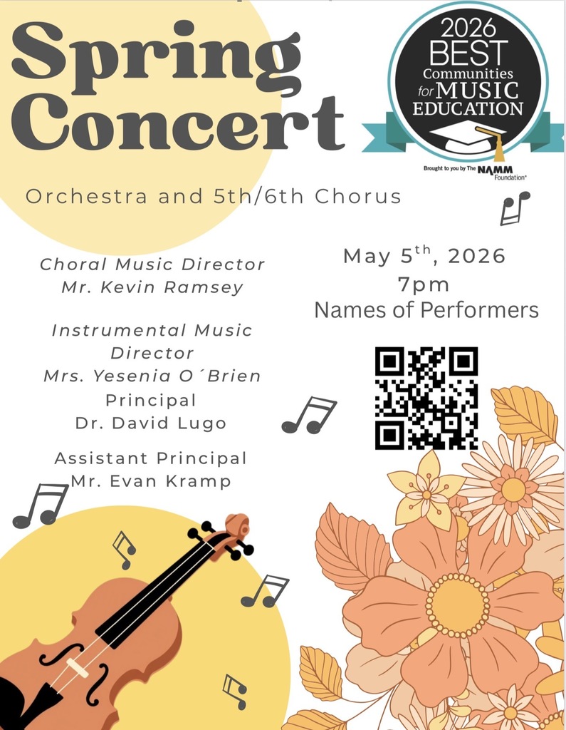Spring concert flyer for Blockson Middle School orchestra and 5th/6th grade chorus on May 5 at 7pm.