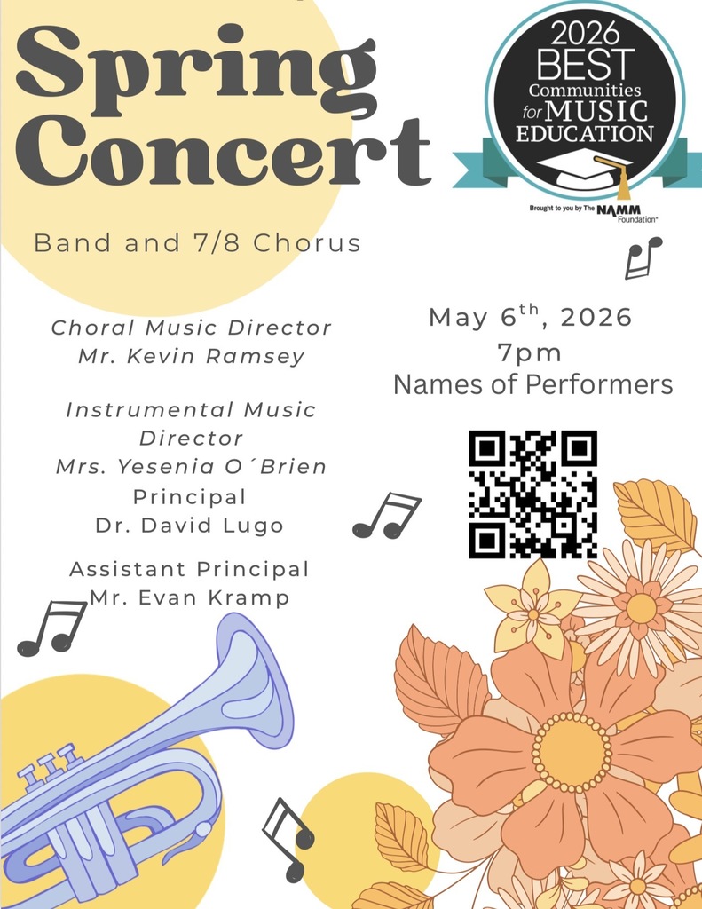 Spring concert flyer for Blockson Middle School band and 7th/8th grade chorus on May 6 at 7pm.
