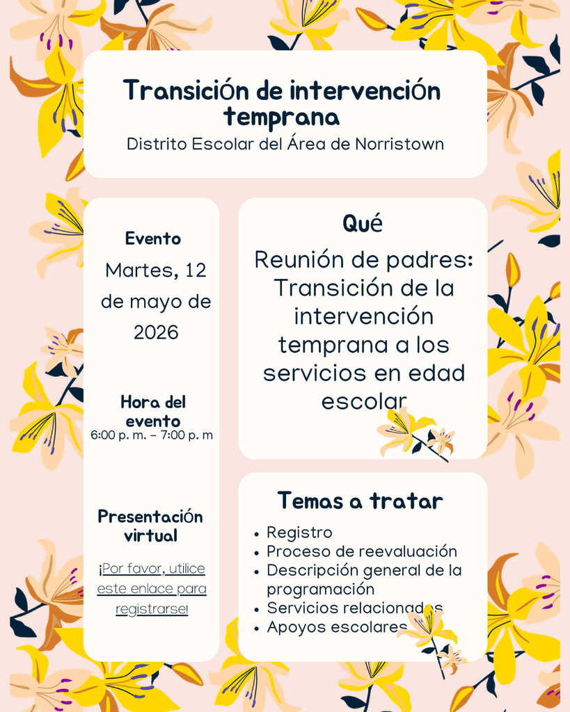 Early Intervention to School-Age Transition Meeting Flyer - Spanish. Details in caption.