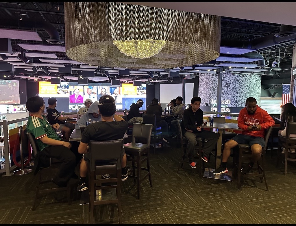 Students are eating in a special room at the Phillies stadium