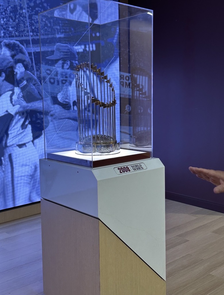 A close up of the 2008 World Series trophy