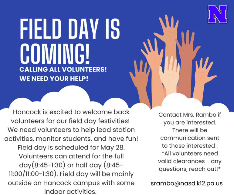 Graphic with a blue background announcing “Field Day is Coming! Calling All Volunteers! We Need Your Help!” Large illustrated hands are raised in the air on the right side next to a blue “N” logo. The text explains that Hancock is welcoming volunteers for Field Day on May 28 and is seeking help leading stations, monitoring students, and participating in activities. Volunteers may attend for a full day (8:45–1:30) or half day (8:45–11:00 or 11:00–1:30). The event will mostly take place outdoors on the Hancock campus with some indoor activities. Contact information for Mrs. Rambo and a reminder about required volunteer clearances are included.