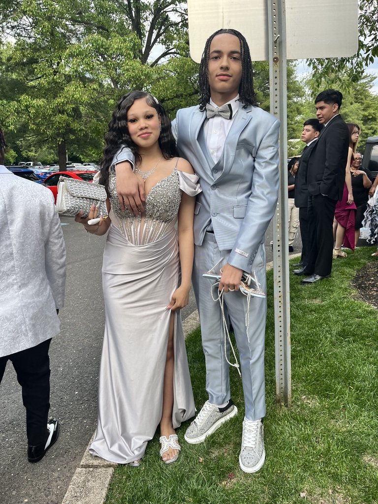 Two students are posing outside in their prom outfits