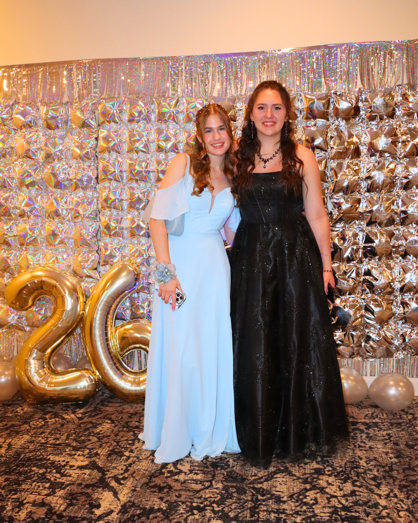 Two students pose for photo in front of metallic backdrop.