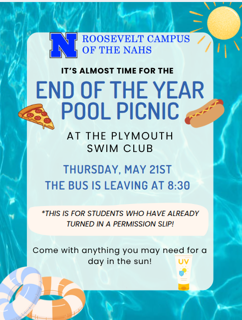 A flyer for the end of School picnic on May 21st at the Plymouth Swim Club in English